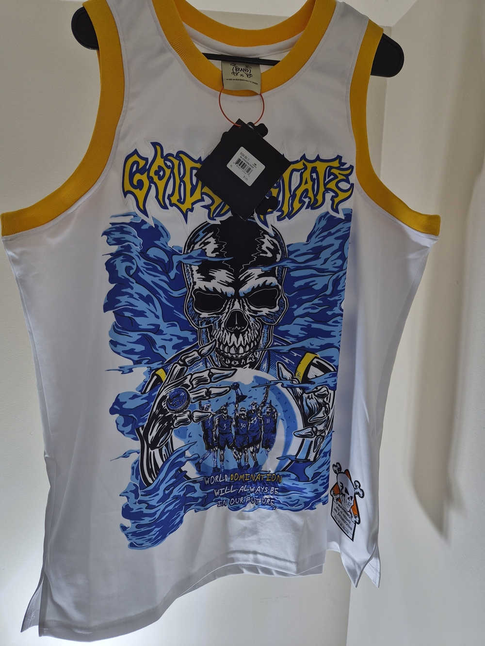 Men's White & Yellow Graphic Swim Tank with Blue Skull Print